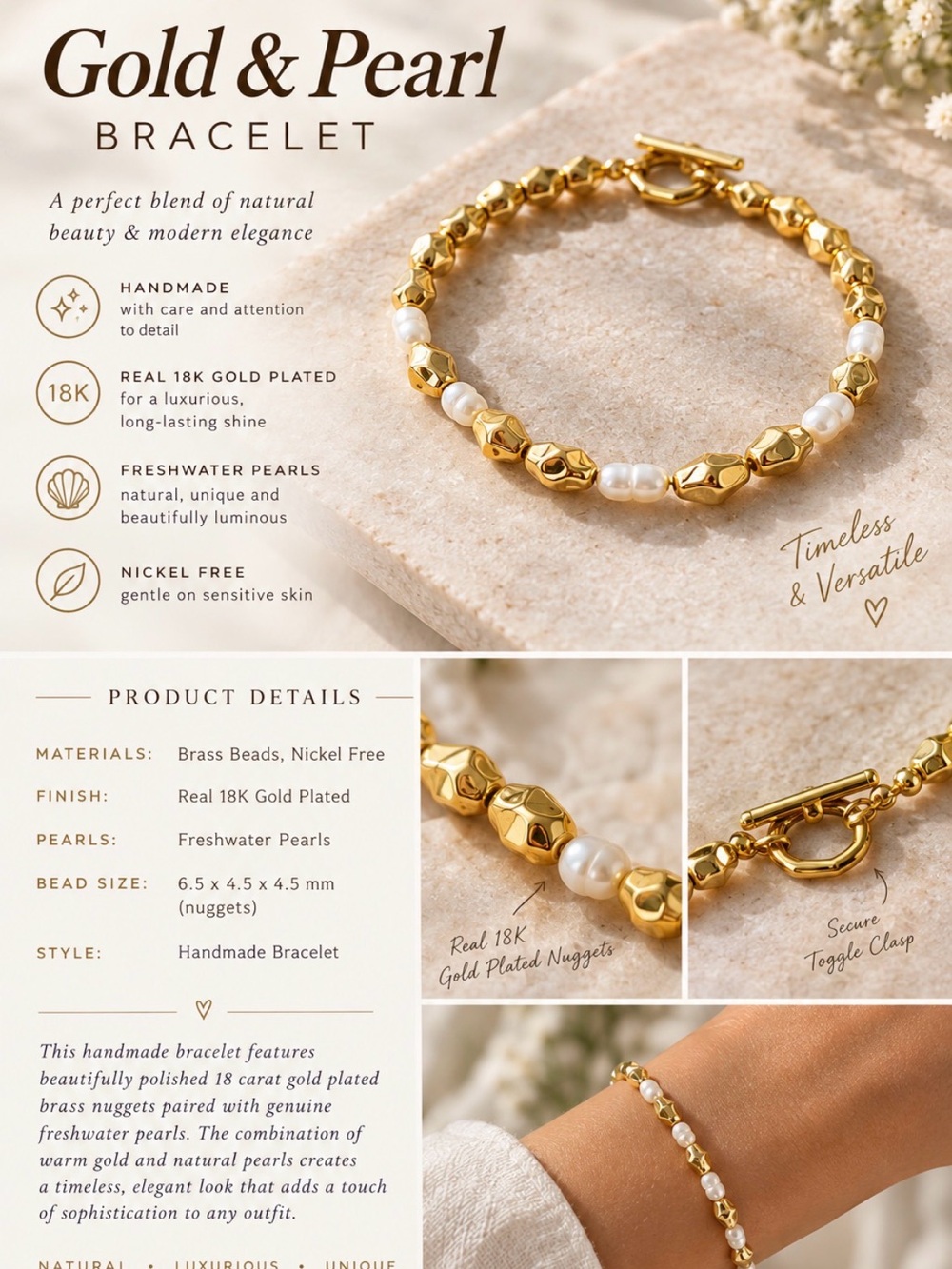 Gold & Pearl Bracelet - 18K Gold Plated with Freshwater Pearls